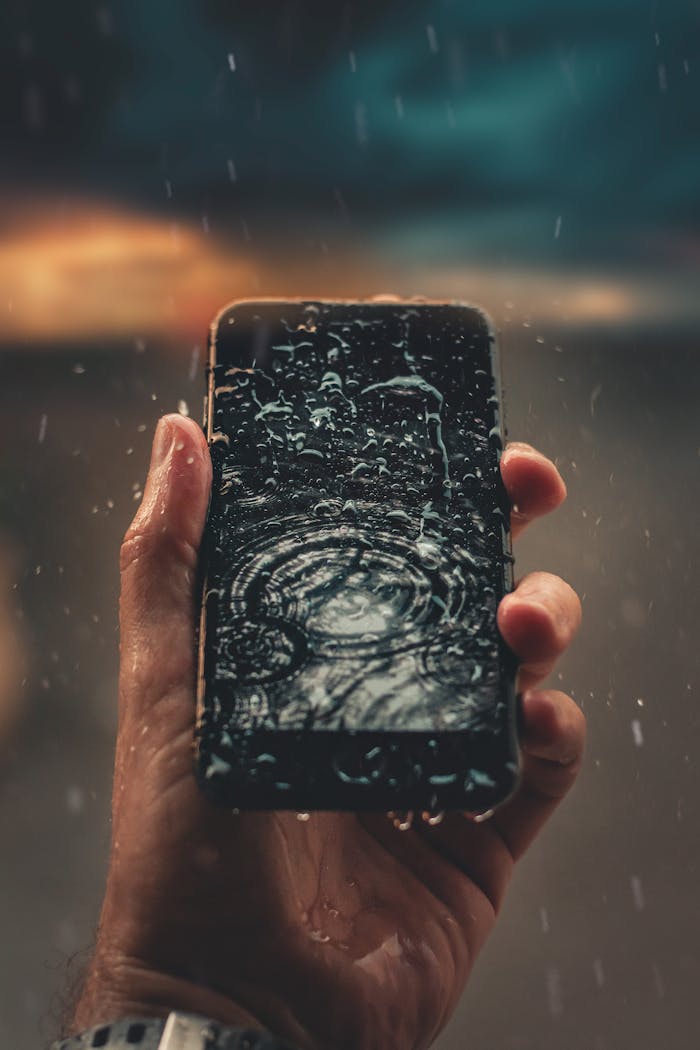 A person holds a smartphone with raindrops on screen, emphasizing water resistance.